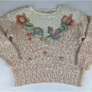 Vintage Knit Sweater Size Large Pastel Floral Appliqué Pearl Cottage Granny 90s